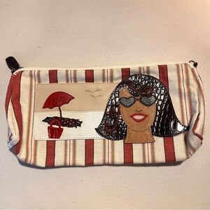 BRIGHTON STRIPED BEACH SCENE SMALL CANVAS & LEATHER MAKE-UP / TOILETRY BAG
